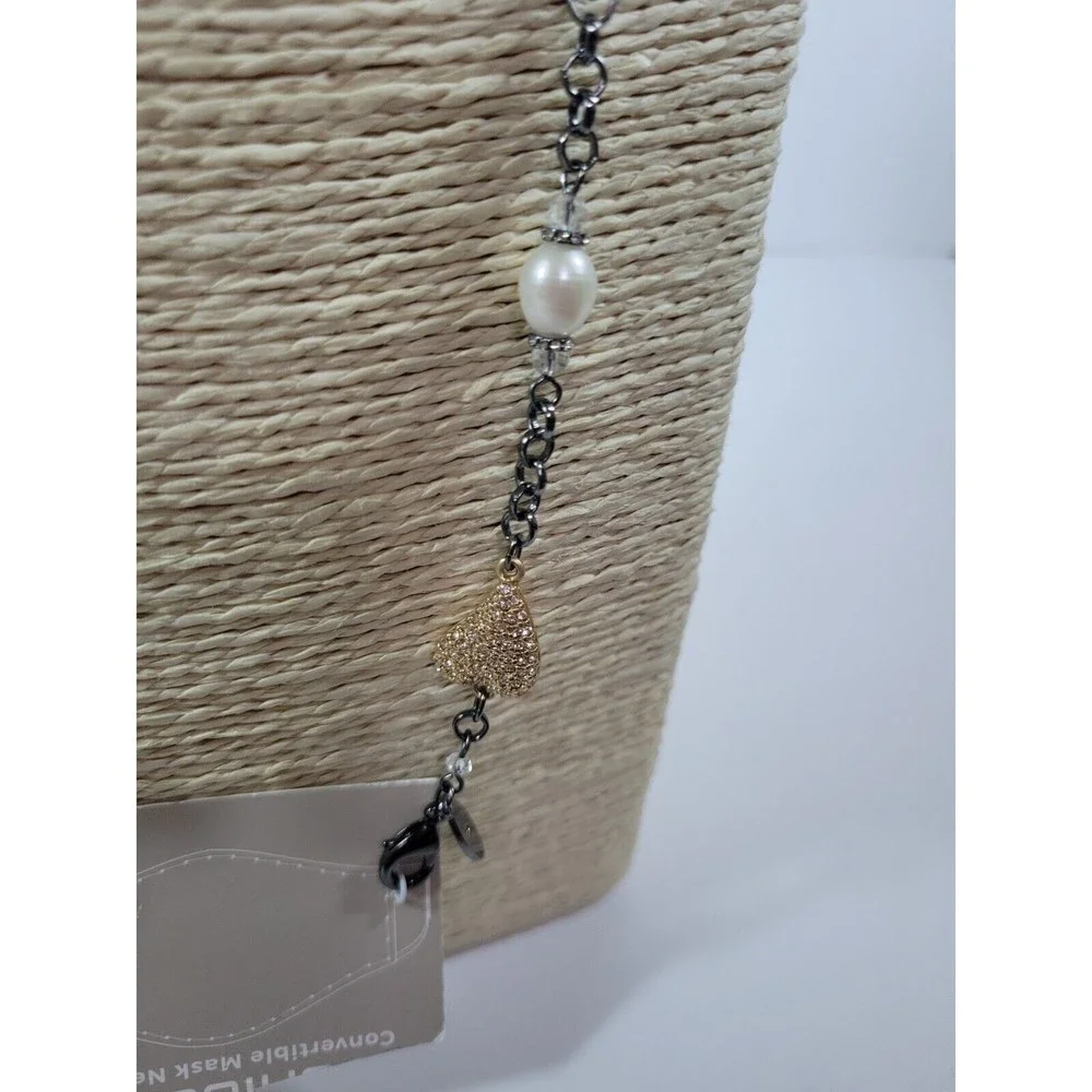 Chico's Gunmetal Heart Faux Pearl Peace Chic Convertible Mask Necklace-NWT